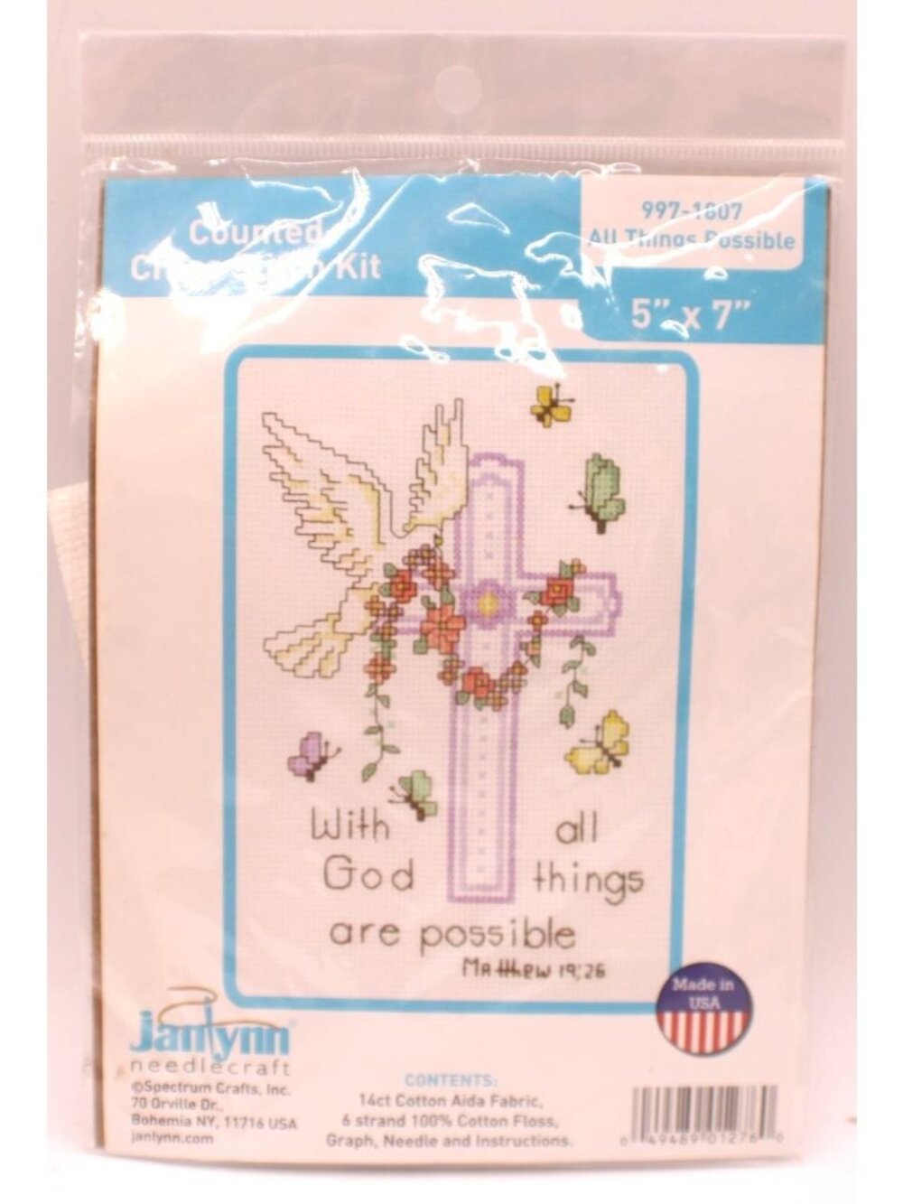 Janlynn "With God All Things Are Possible" Counted Cross Stitch Kit 5x7 Bible Ve
